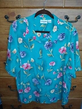 Alfred Dunner  Teal Floral Short-Sleeve Button Down Blouse /Size 24W (3X)